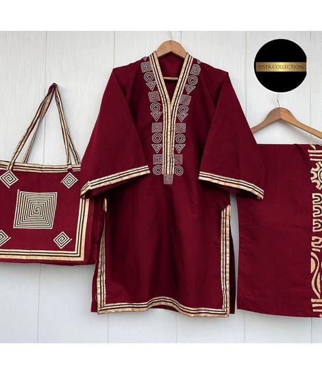 iShopping - Pista Collection Shirt, Plazoo and Handbag-Mahroon