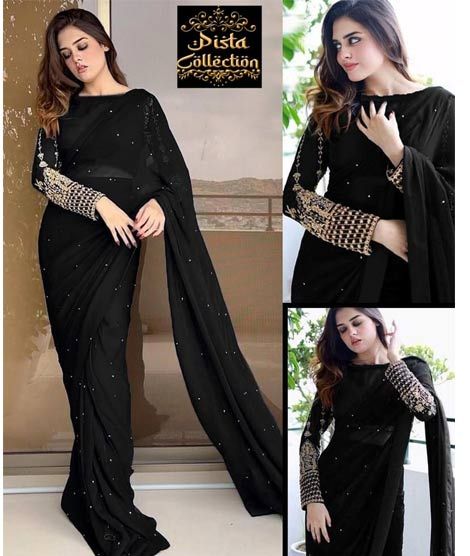 iShopping - Pista Collection Multi Sequence Embroidery Saree-Black