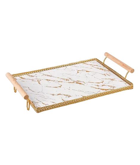 iShopping - Easy Shop Frame Glass Serving Tray With Golden Metal Handle