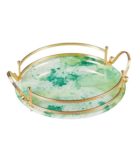 iShopping - Easy Shop Fringe Frame Round Glass Serving Tray With Golden Metal Handle