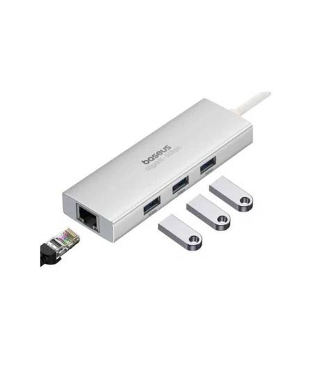 iShopping - Baseus PortalJoy 4-Port Type-C To USB 3.0 3+RJ45 1 HUB Adapter Frost Silver
