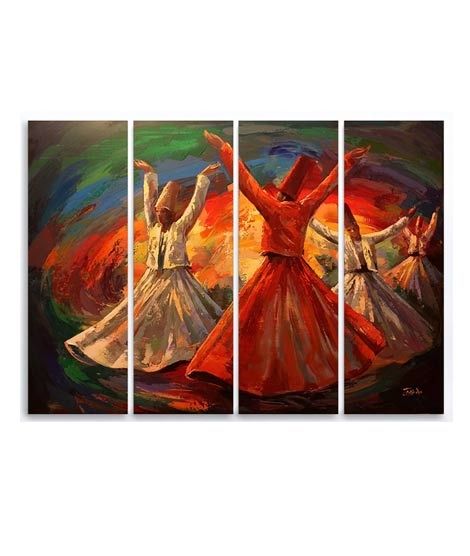 iShopping - Maguari Sufi Red Oil Painting Synthetic Canvas Small Wall Frame 4 Pcs (0679)