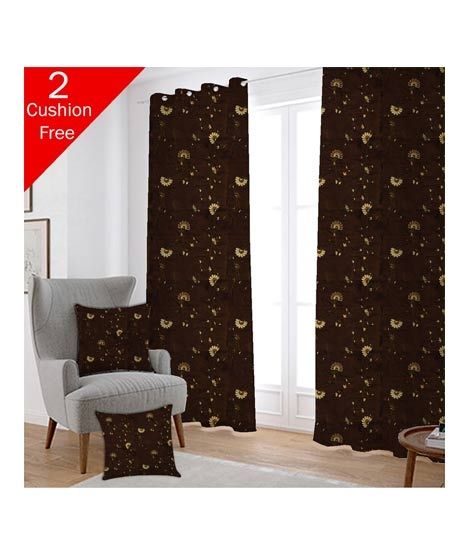 iShopping - Maguari Taffeta Embriodery Curtain With Cushion Cover 2 Pcs Dark Brown