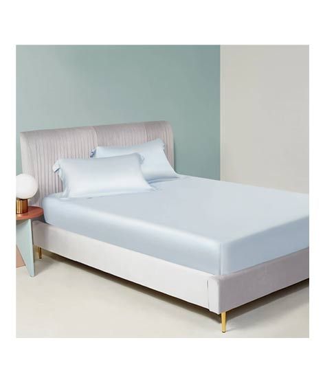 iShopping - Maguari Silk Fitted Double Bed Sheet With Pillow Covers Sky Blue