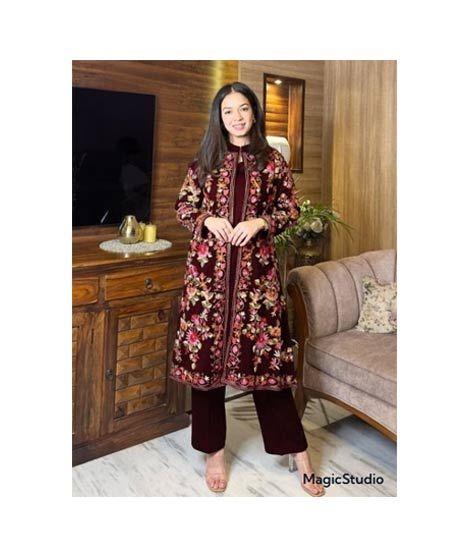 iShopping - Pista Collection Embroidered Gown With Sleeveless Inner And Trouser 3 Piece Suit For Women - One Size-Maroon