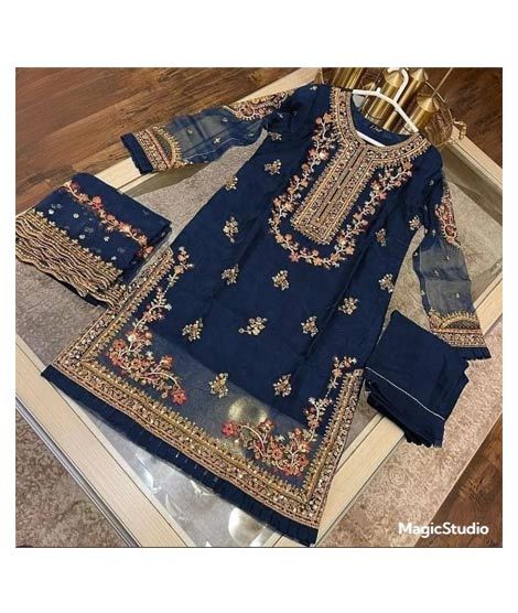 iShopping - Pista Collection Embroidery with Embroidered Dupatta 3 Piece Suit For Women - One Size-Navy Blue