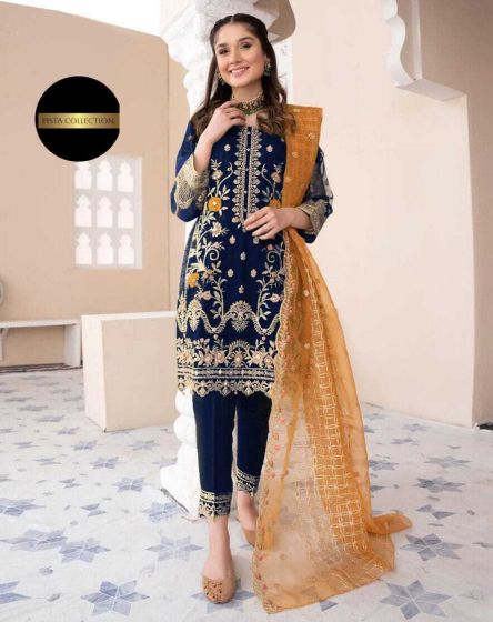 iShopping - Pista Collection 3pcs Heavy Embroidered Shirt Trouser Embroidered Dupatta-Blue