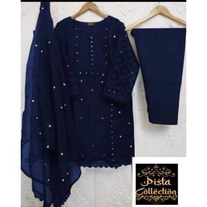 Pista Collection 3pcs Embroidery Shirt Attached &amp; Embroidered Dupatta-Blue