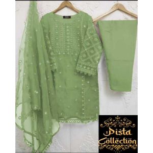 Pista Collection 3pcs Embroidery Shirt Attached &amp; Embroidered Dupatta-Light Green