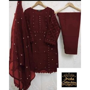 Pista Collection 3pcs Embroidery Shirt Attached &amp; Embroidered Dupatta-Maroon
