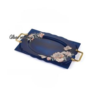 Easy Shop 17” Glass Serving Tray With Steel Handle Blue