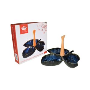 Easy Shop 3 Partition Ceramic Dish With Wooden Handling Black