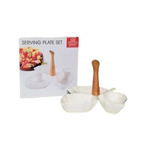 Easy Shop 3 Partition Ceramic Dish With Wooden Handling White