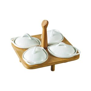 Easy Shop 4 Pcs Ceramic Sauces Set with Wooden Stand