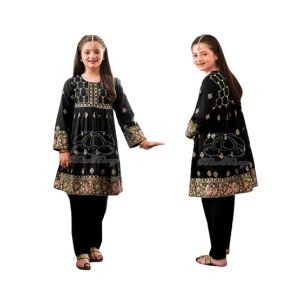 Rg Shop Screen Printed Frock for Girls-Black