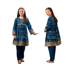 Rg Shop Screen Printed Frock for Girls-Blue