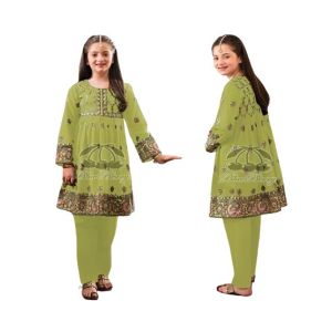 Rg Shop Screen Printed Frock for Girls-Green