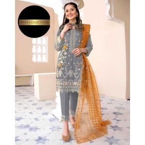 Pista Collection 3pcs Heavy Embroidered Shirt Trouser Embroidered Dupatta-Grey