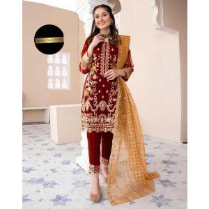 Pista Collection 3pcs Heavy Embroidered Shirt Trouser Embroidered Dupatta-Red