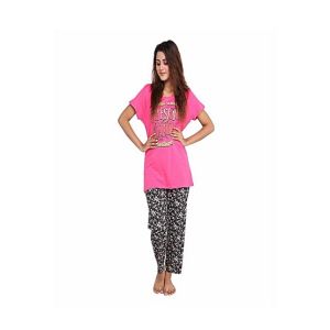 Okra Fashion Cotton T-Shirt & Pajama Nightwear For Women Pink