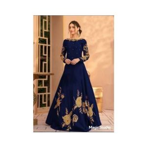 Pista Collection Heavy Embroidery Neck Line Sleeves &amp; Bottom Maxi For Women - One Size-Navy Blue