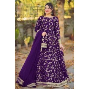 Pista Collection Embroidered Top With Long Flare 4 Piece Suit For Women - One Size-Purple