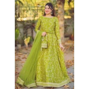 Pista Collection Embroidered Top With Long Flare 4 Piece Suit For Women - One Size-Yellow
