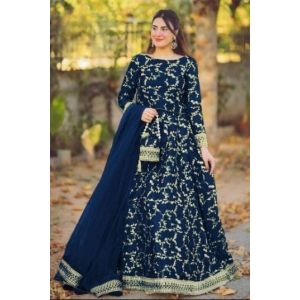Pista Collection Embroidered Top With Long Flare 4 Piece Suit For Women - One Size-Navy Blue