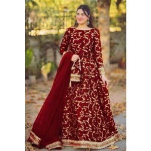 Pista Collection Embroidered Top With Long Flare 4 Piece Suit For Women - One Size-Red