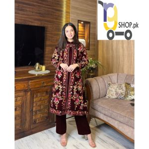 Bjm Generic Embroidered Full Heavy Gown With Sleeveless Inner And Trouser 3-Pec Suit-Black