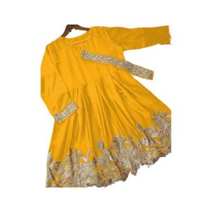 ZamZam Embroided Silk Belt Frock (Ac-64)-Yellow