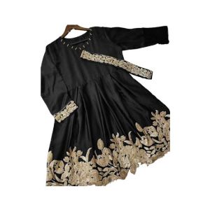ZamZam Embroided Silk Belt Frock (Ac-64)-Black