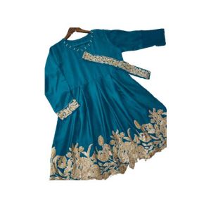 ZamZam Embroided Silk Belt Frock (Ac-64)-Blue