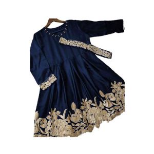 ZamZam Embroided Silk Belt Frock (Ac-64)-Dark Blue