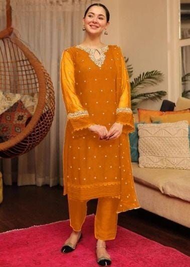 iShopping - Pista Collection Embroidered Design Dupatta 3 Piece Suit For Women - One Size-Orange