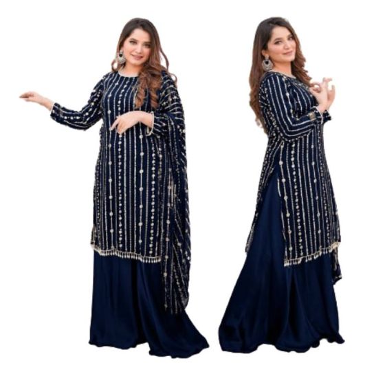 iShopping - Azhari Traders Embroidery Suit Border And Neck With Emb Dupatta 3pcs-Blue