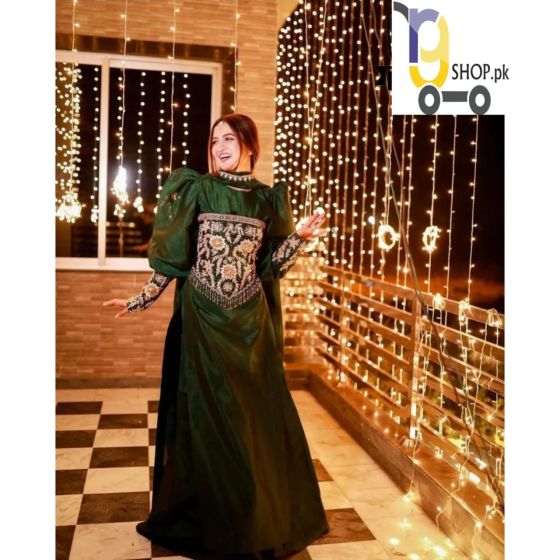 iShopping - Rg Shop Maxi Sleaves Bunch Embroidery Border Work Dupatta 3-Pcs Suit.-Green