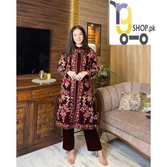 iShopping - Bjm Generic Embroidered Full Heavy Gown With Sleeveless Inner And Trouser 3-Pec Suit-Black
