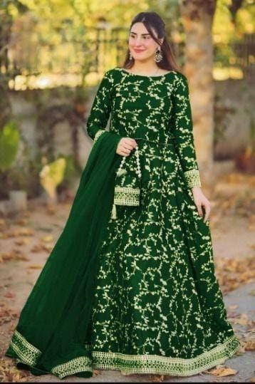 iShopping - Pista Collection Embroidered Top With Long Flare 4 Piece Suit For Women - One Size-Green