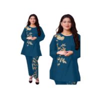 ZamZam Embroidery Linen Suit For Women - 2PC-Aqua Blue
