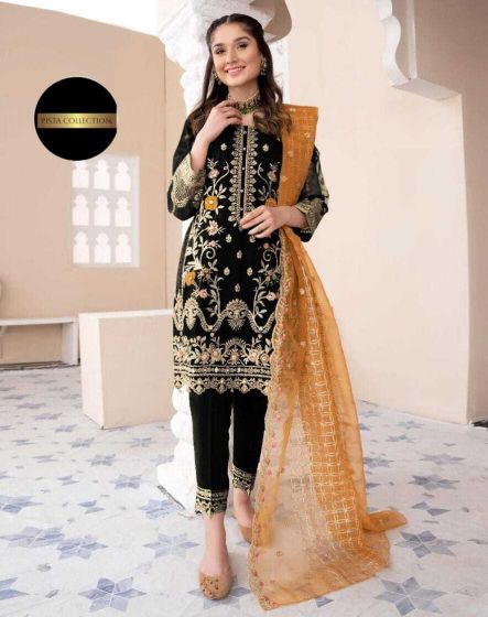iShopping - Pista Collection 3pcs Heavy Embroidered Shirt Trouser Embroidered Dupatta-Black