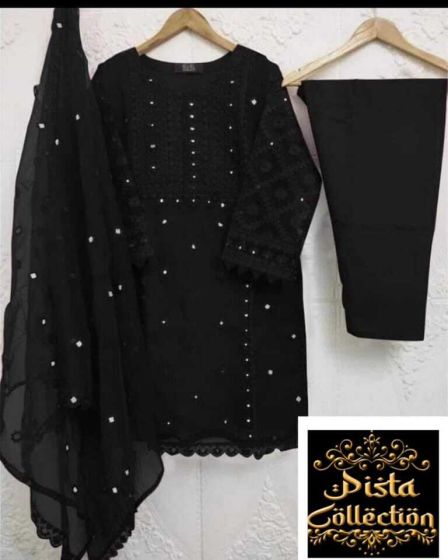 iShopping - Pista Collection 3pcs Embroidery Shirt Attached & Embroidered Dupatta-Black