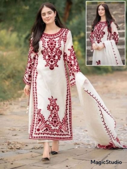 iShopping - Pista Collection Embroidery Shirt and Dupatta 3 Piece Suit For Women - One Size-Red
