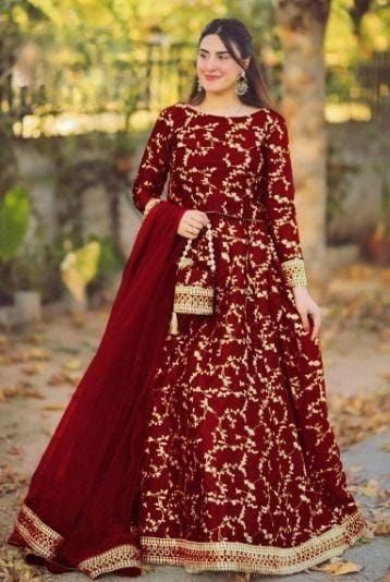 iShopping - Pista Collection Embroidered Top With Long Flare 4 Piece Suit For Women - One Size-Red