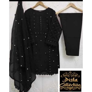Pista Collection 3pcs Embroidery Shirt Attached & Embroidered Dupatta-Black