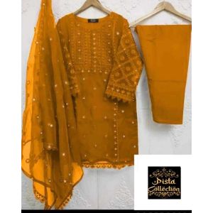 Pista Collection 3pcs Embroidery Shirt Attached & Embroidered Dupatta-Mustard