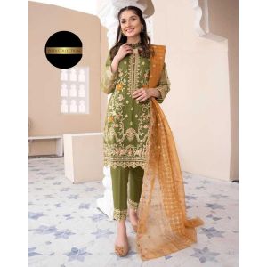 Pista Collection 3pcs Heavy Embroidered Shirt Trouser Embroidered Dupatta-Green