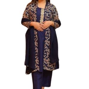 Azhari Traders Fully Embroidered Suit With Emb Inner, Plain Dupatta Trouser 4piece-Blue
