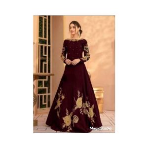 Pista Collection Heavy Embroidery Neck Line Sleeves & Bottom Maxi For Women - One Size-Maroon