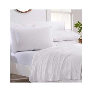 Rainbow Linen Jersey Fitted Bed Sheet Queen Size White (RHP114)